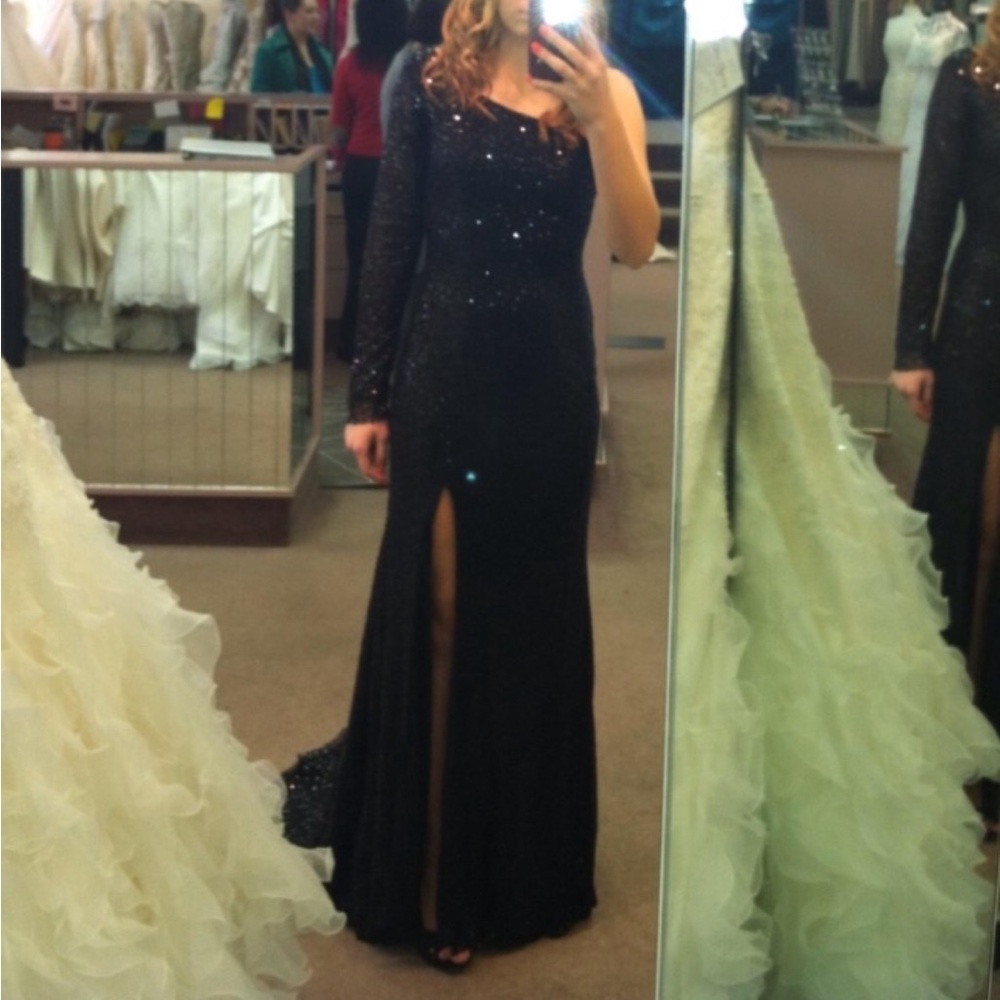 Flirt by Maggie Sottero Black sequins one sleeve prom dress with slit